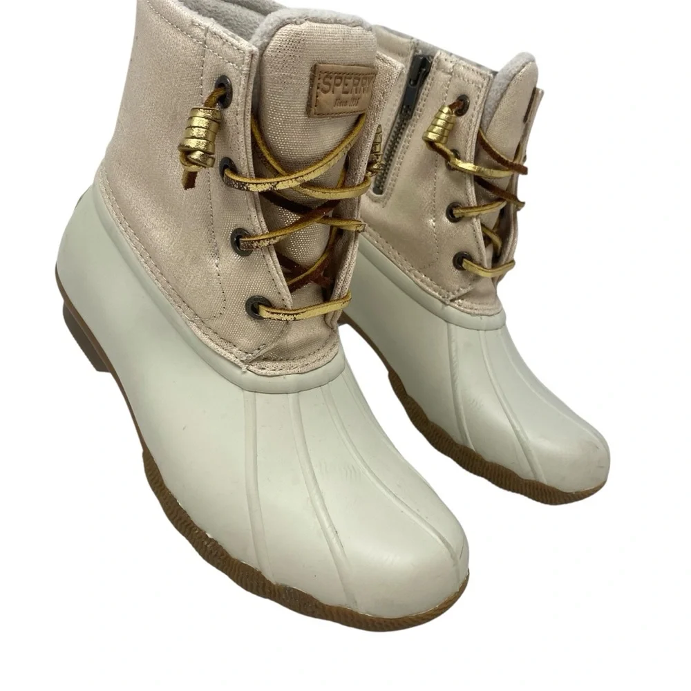 Sperry Saltwater Ivory Gold Waterproof Fleece Duck Boots Sz 6